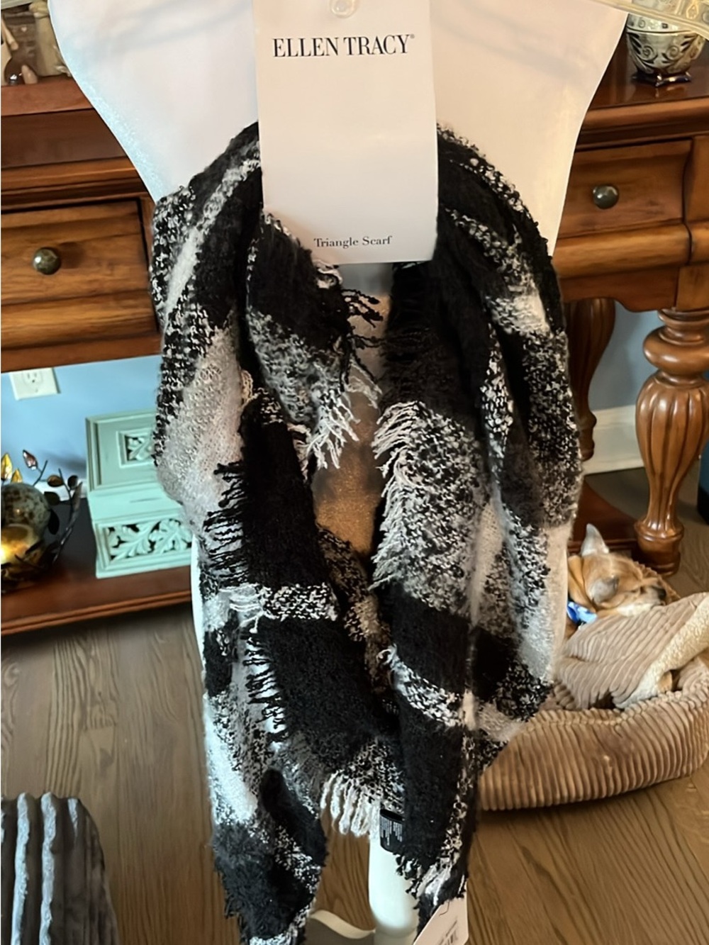 Ellen Tracy Black and White Plaid Triangle Scarf